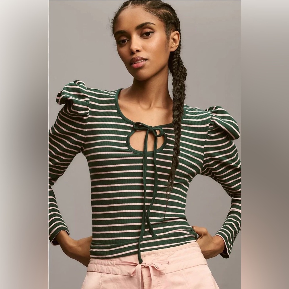 Anthropologie Porridge S Shirt Tie Front Long Puff Sleeve Striped Green Pink